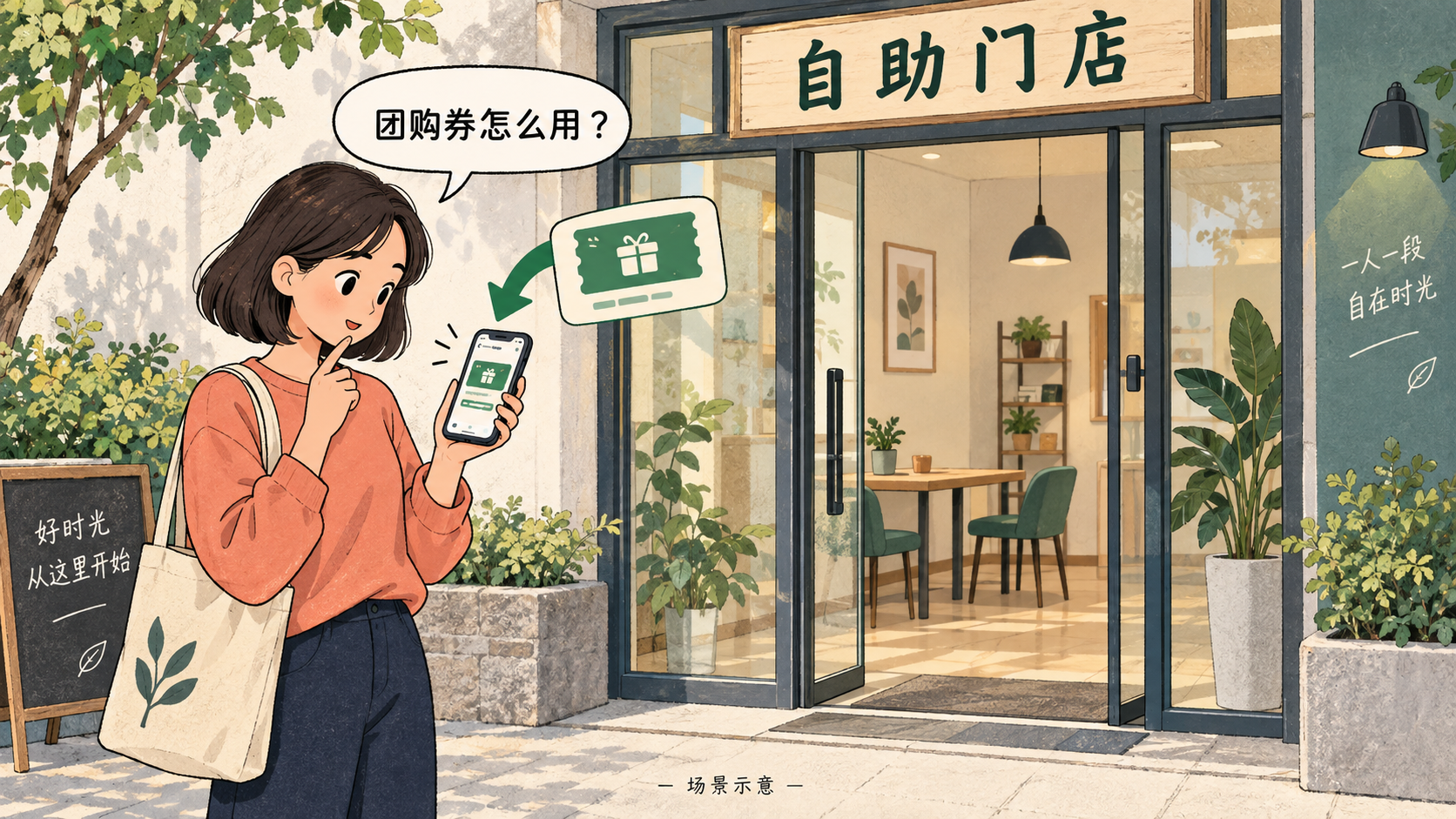 顾客在自助门店通过微信小程序使用团购券的场景示意
