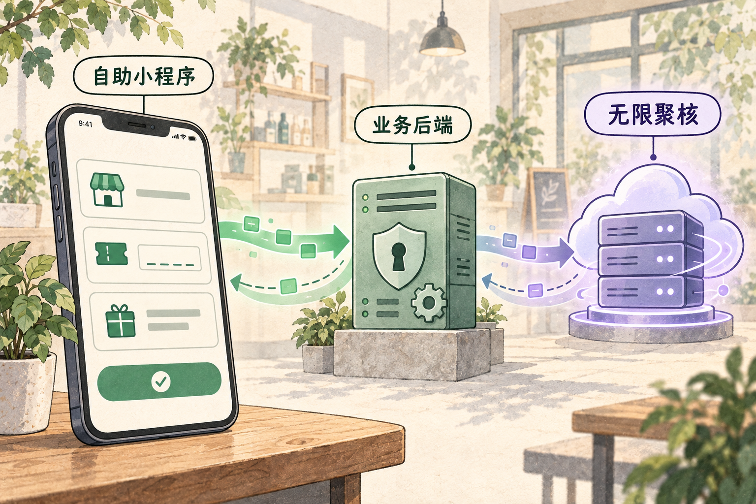 手机打开自助小程序,经业务后端网络调用无限聚核接口的技术动漫示意