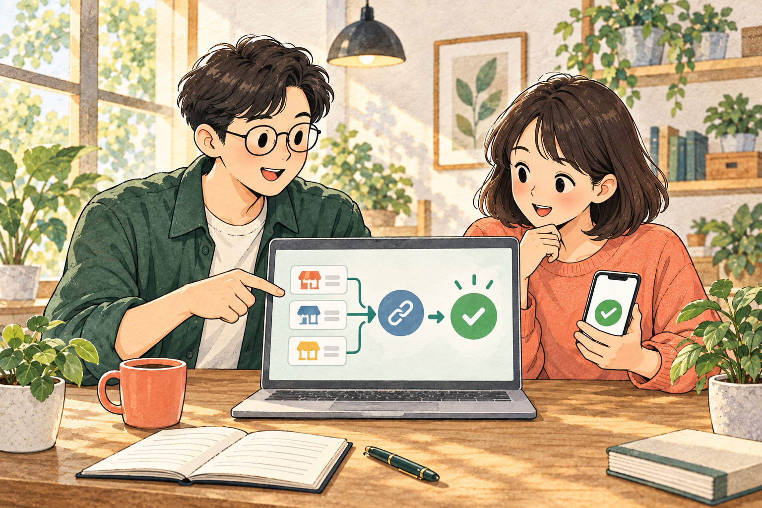 开发者协助商家从门店列表发起授权并完成确认的卡通示意